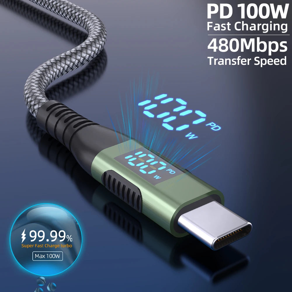 100W USB C to USB C Cable Type C PD 5A FastCharging for LED Display Nylon Braided charger Cord for iPhone16 15 MacBook iPad