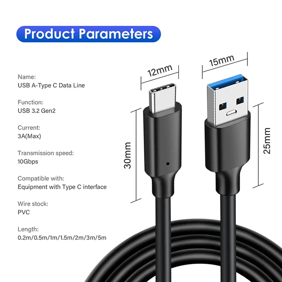 USB 3.2 10Gbps 3A 60W QC 3.0 Type C Cable USB A to Type-C 3.2 Gen2 Cable Data Transfer USB C SSD Hard Disk Cable Fast Charging