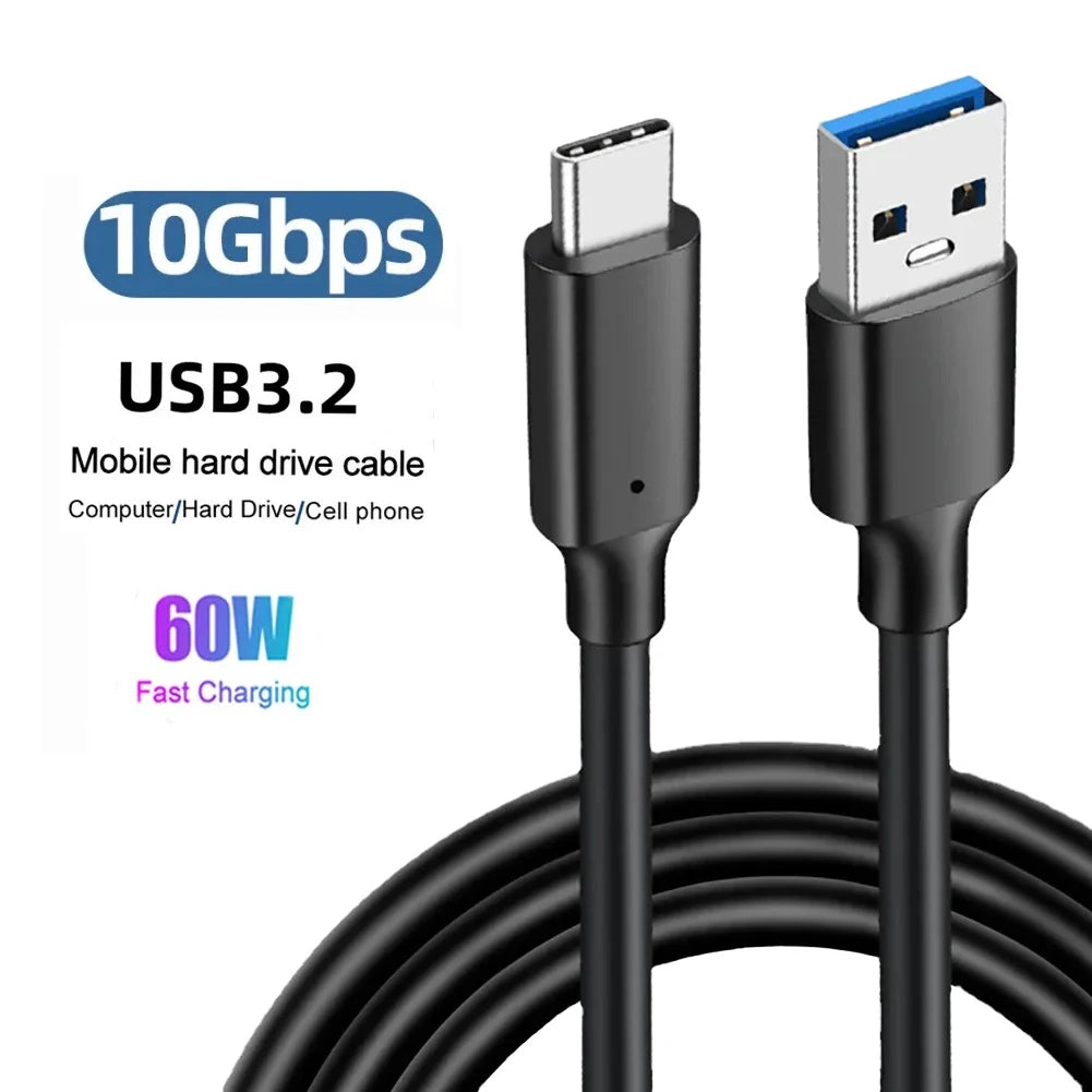 USB 3.2 10Gbps 3A 60W QC 3.0 Type C Cable USB A to Type-C 3.2 Gen2 Cable Data Transfer USB C SSD Hard Disk Cable Fast Charging