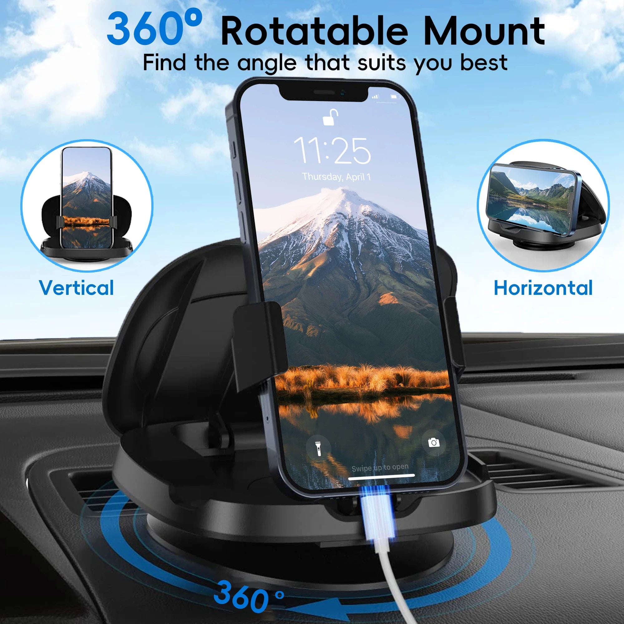Car Dashboard Phone Holder 360° Rotatable,Portable Anti-Slip Car Phone Holder Horizontal & Vertical Place,Strong Self-Adhesive