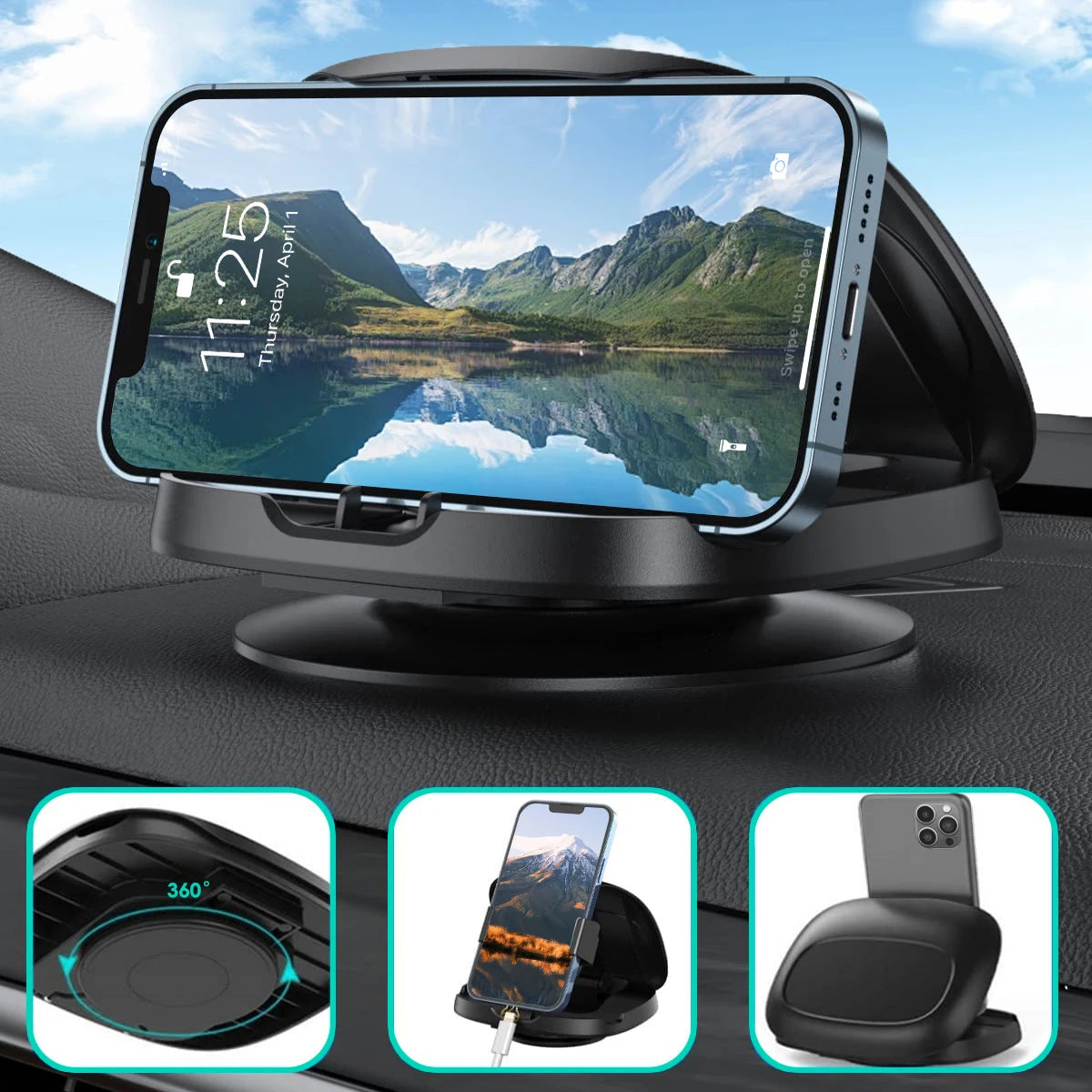 Car Dashboard Phone Holder 360° Rotatable,Portable Anti-Slip Car Phone Holder Horizontal & Vertical Place,Strong Self-Adhesive