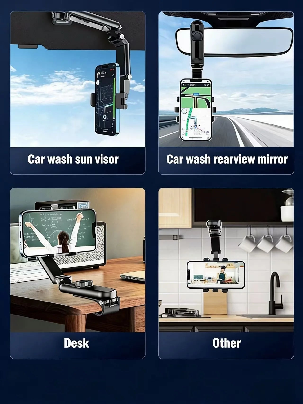 A rotatable and extendable adjustable car phone holder, suitable for installation on the sun visor.
