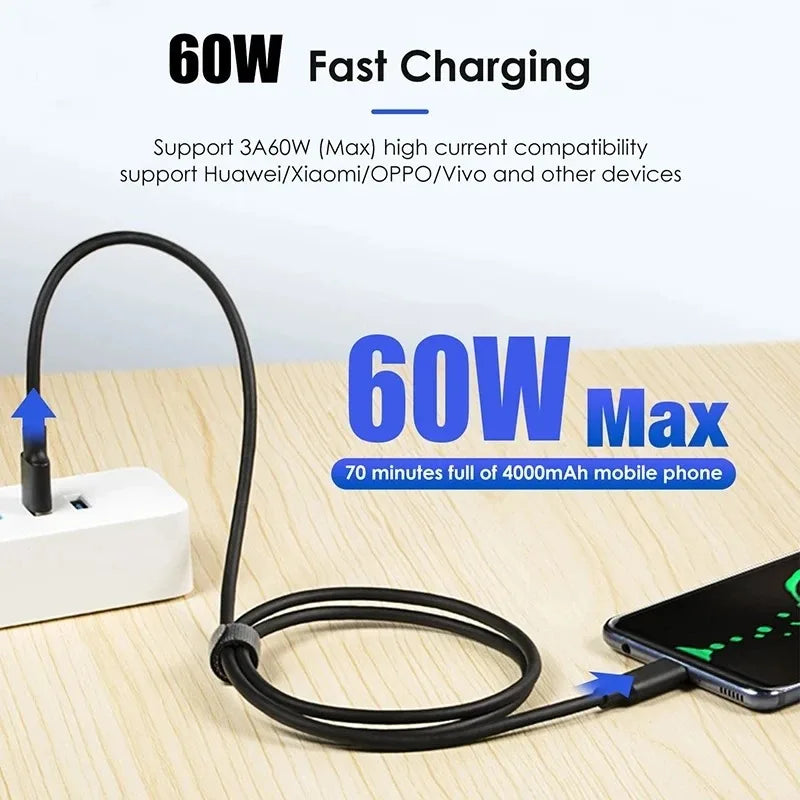 USB 3.2 10Gbps 3A 60W QC 3.0 Type C Cable USB A to Type-C 3.2 Gen2 Cable Data Transfer USB C SSD Hard Disk Cable Fast Charging
