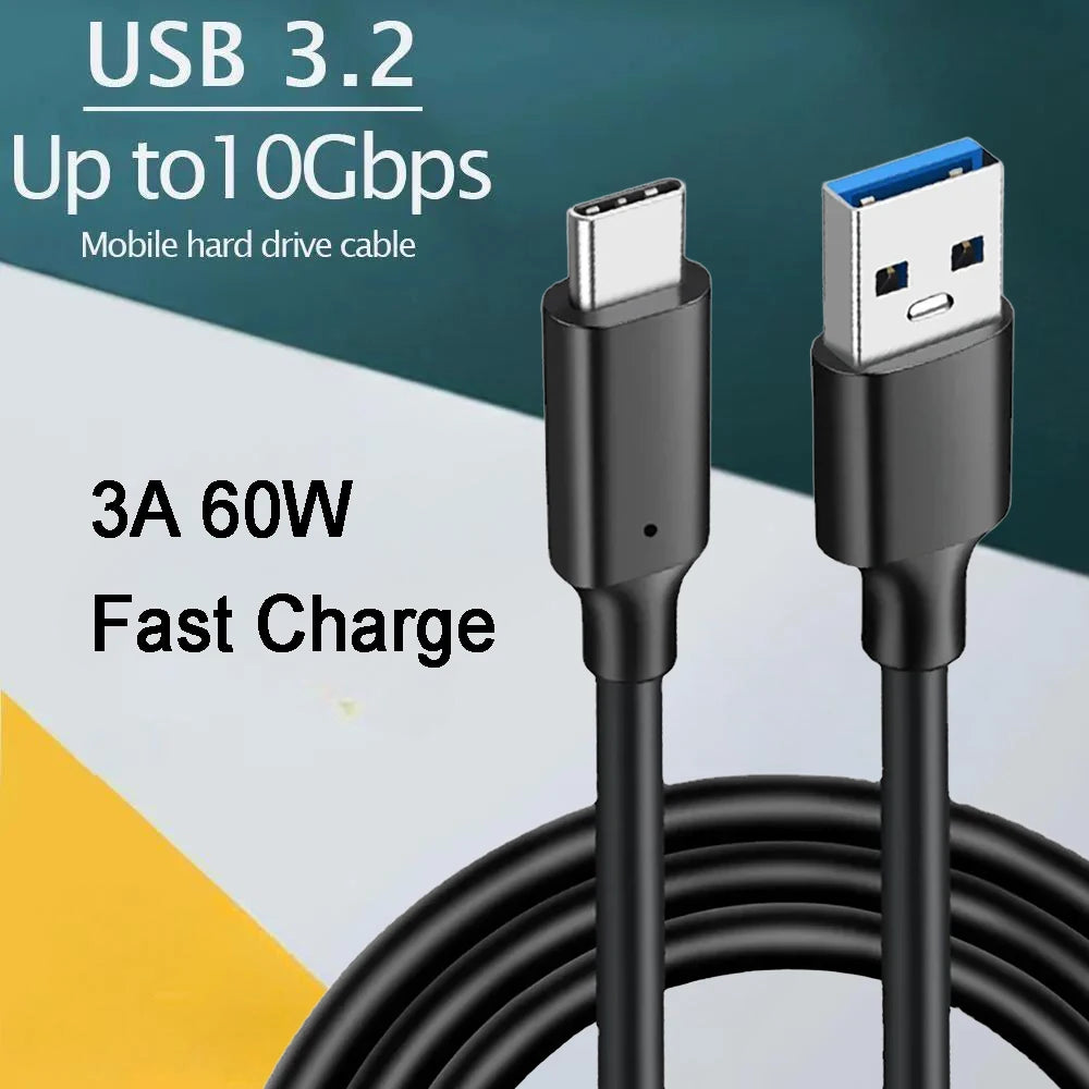 USB 3.2 10Gbps 3A 60W QC 3.0 Type C Cable USB A to Type-C 3.2 Gen2 Cable Data Transfer USB C SSD Hard Disk Cable Fast Charging
