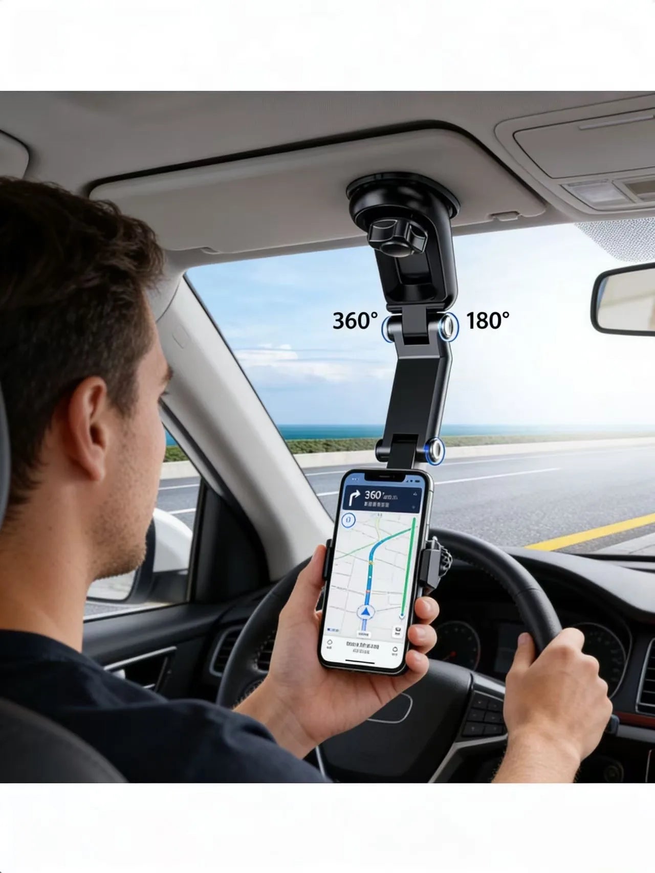 A rotatable and extendable adjustable car phone holder, suitable for installation on the sun visor.