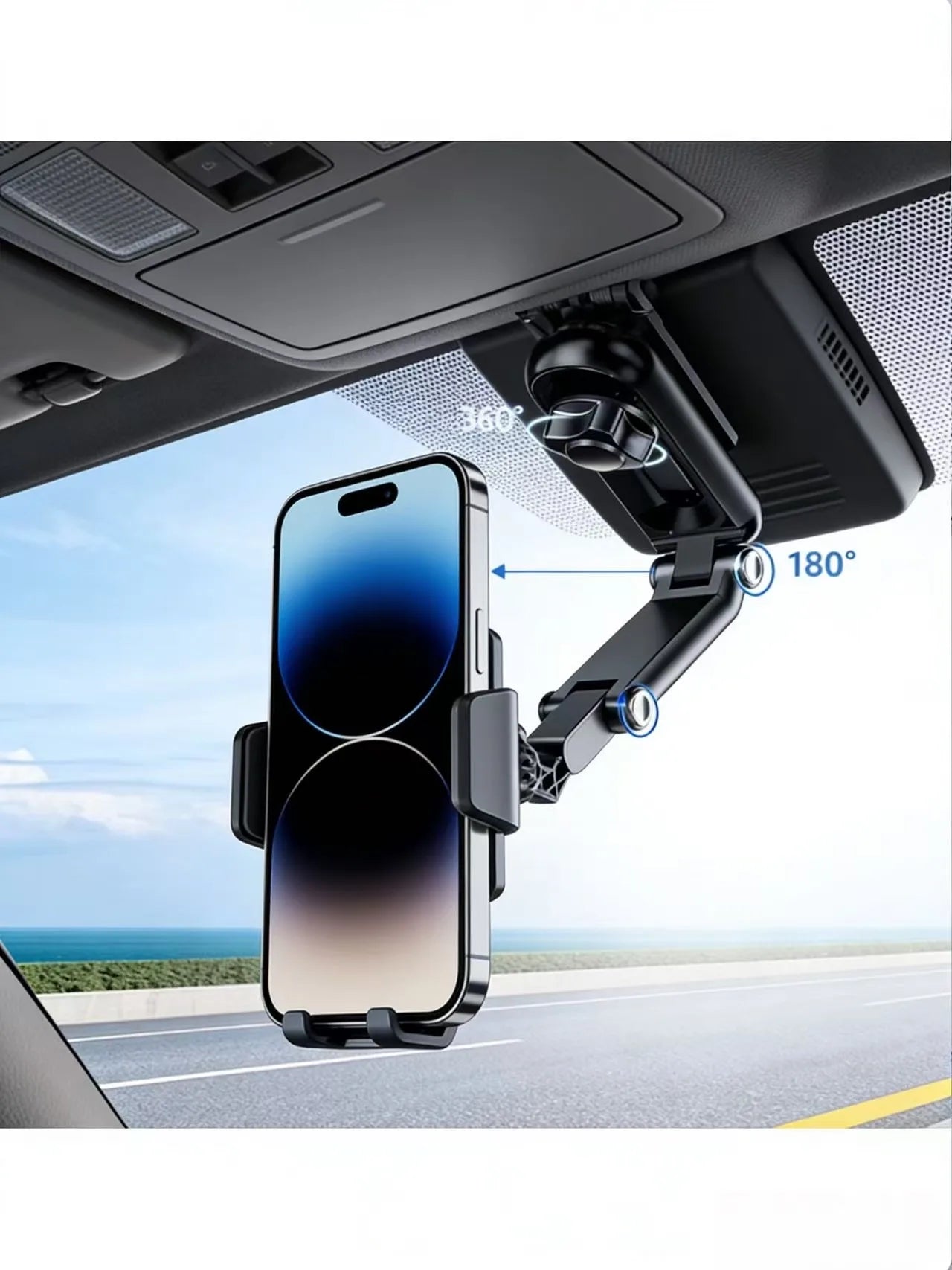 A rotatable and extendable adjustable car phone holder, suitable for installation on the sun visor.