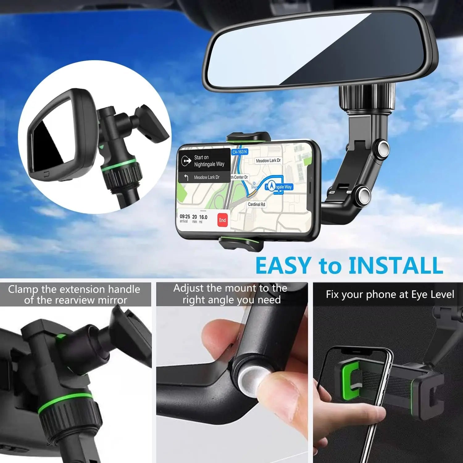 Rearview Mirror Phone Holder 360° Rotatable and Retractable Car Phone Mount Multifunctional Rear View Mirror Holder for All Car - Lo Shop Desiderato - Rearview Mirror Phone Holder 360° Rotatable and Retractable Car Phone Mount Multifunctional Rear View Mirror Holder for All Car - Lo Shop Desiderato - 