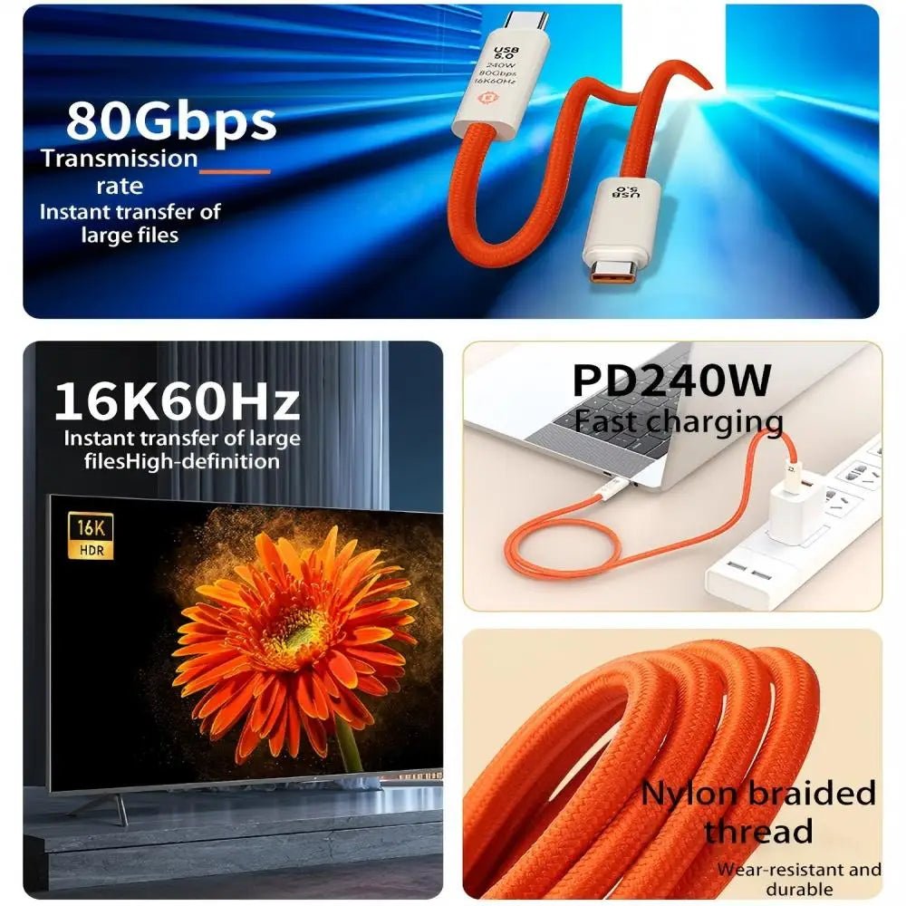 USB 5.0 Nylon Braided Cable with Dual Type - C Ports 240W PD Fast Charging Multifunction Data Cable for Screen Casting - Lo Shop Desiderato - USB 5.0 Nylon Braided Cable with Dual Type - C Ports 240W PD Fast Charging Multifunction Data Cable for Screen Casting - Lo Shop Desiderato - 