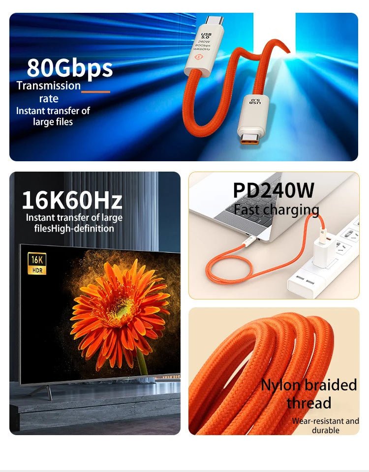 USB 5.0 Nylon Braided Cable with Dual Type - C Ports 240W PD Fast Charging Multifunction Data Cable for Screen Casting - Lo Shop Desiderato - USB 5.0 Nylon Braided Cable with Dual Type - C Ports 240W PD Fast Charging Multifunction Data Cable for Screen Casting - Lo Shop Desiderato - 