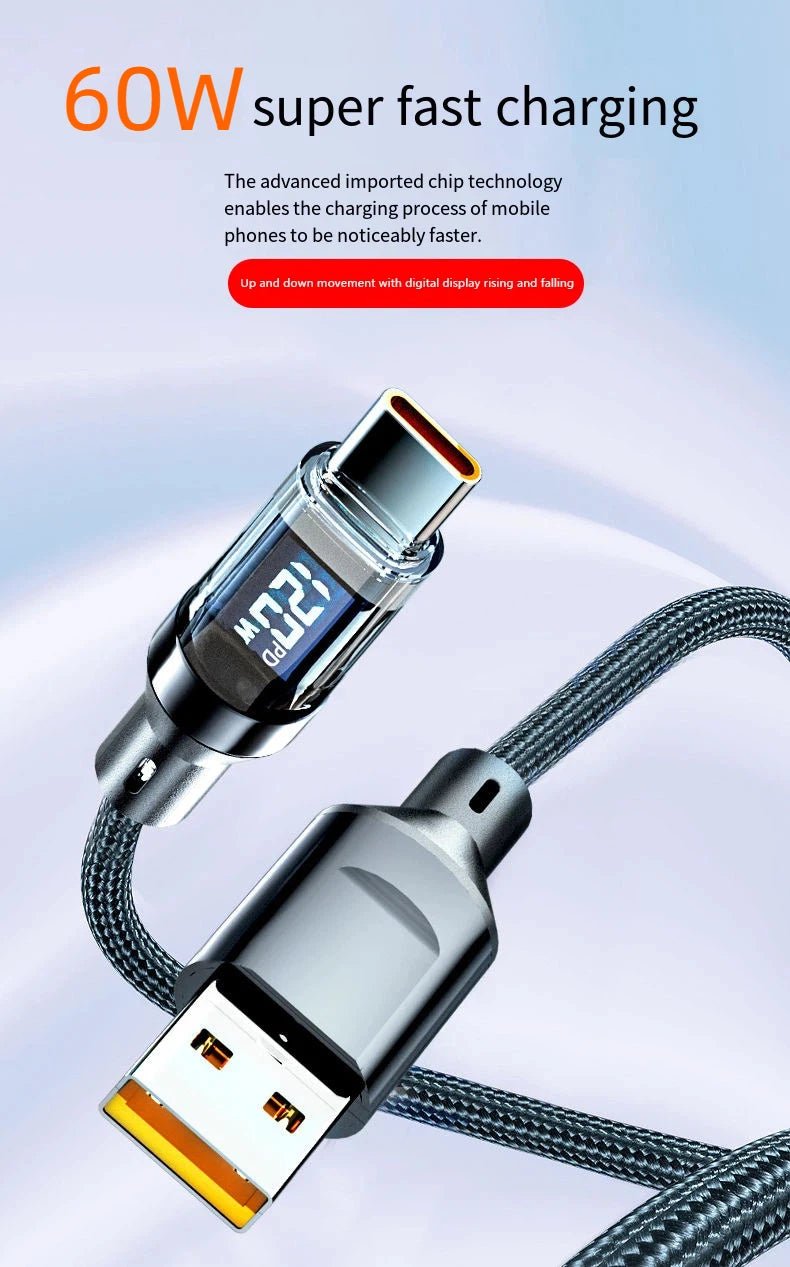 USB - C Super Fast Charging Cable with Digital Display, Braided Anti - Fracture Wire, Compatible with Type - C Devices - Lo Shop Desiderato - USB - C Super Fast Charging Cable with Digital Display, Braided Anti - Fracture Wire, Compatible with Type - C Devices - Lo Shop Desiderato - Cavi e adattatori