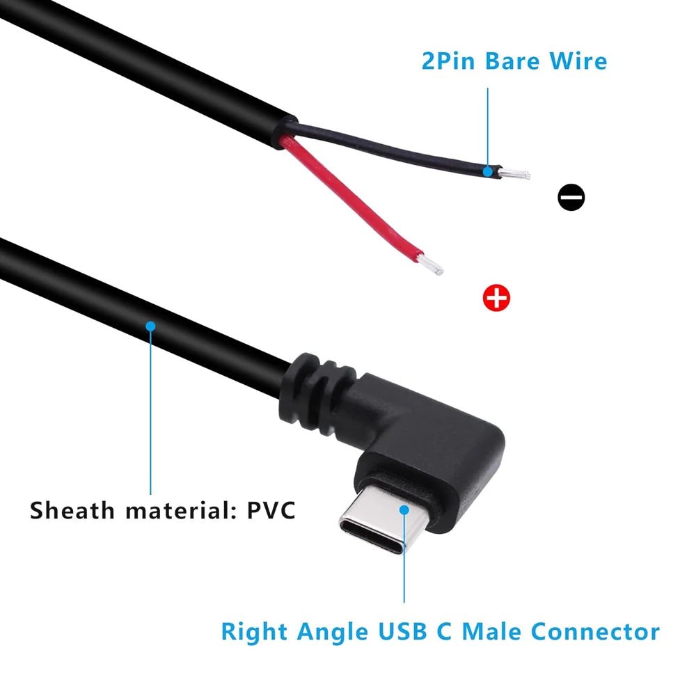 USB C to 2 Pin Bare Wire Open End Power Cord, 90 Degree USB Type C Male Plug 2 Pin Pigtail Cable, for 5V USB Type C DIY Cable - Lo Shop Desiderato - USB C to 2 Pin Bare Wire Open End Power Cord, 90 Degree USB Type C Male Plug 2 Pin Pigtail Cable, for 5V USB Type C DIY Cable - Lo Shop Desiderato - 