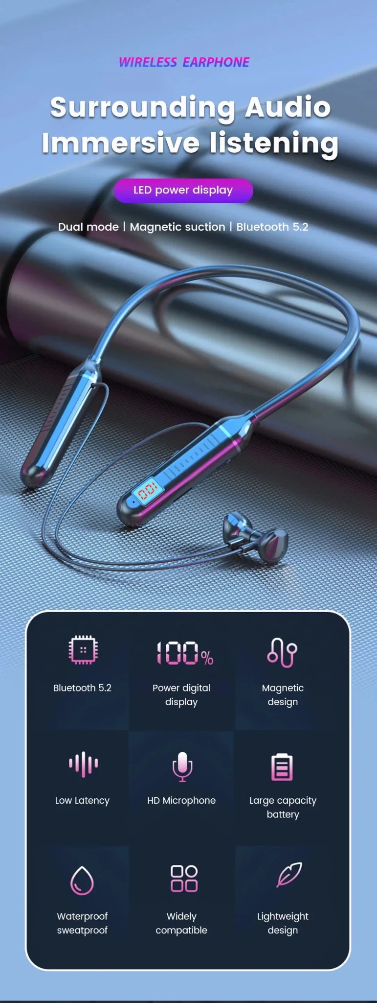 Wireless Earphones 5.3 Neckband Headphones Gaming LED Display Stereo Sports Headset Halter Waterproof Magnetic Earbuds - Lo Shop Desiderato - Wireless Earphones 5.3 Neckband Headphones Gaming LED Display Stereo Sports Headset Halter Waterproof Magnetic Earbuds - Lo Shop Desiderato - 